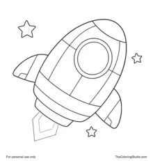 Rocket with simple wings, a round window, tiny stars, and a curved motion trail on a white background.