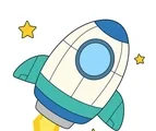 Rocket with simple wings, a round window, tiny stars, and a curved motion trail on a white background.