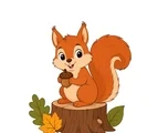 Curious squirrel with a fluffy tail sitting on a stump with simple leaves.