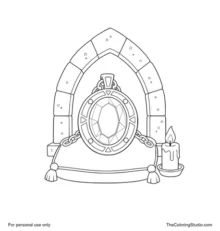 Large silver amulet with a purple gem resting on a cushion beneath a Gothic arch beside a candle.