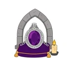 Large silver amulet with a purple gem resting on a cushion beneath a Gothic arch beside a candle.