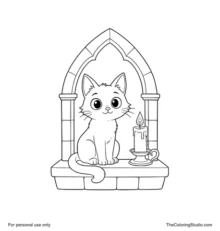 Cute black cat sitting on a Gothic stone windowsill beside a large candle in a simple holder.