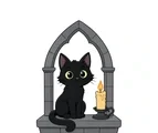 Cute black cat sitting on a Gothic stone windowsill beside a large candle in a simple holder.