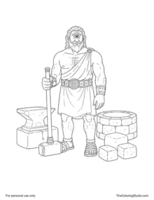Calm Cyclops with one central eye holding a broad hammer inside an ancient stone forge.