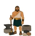 Calm Cyclops with one central eye holding a broad hammer inside an ancient stone forge.