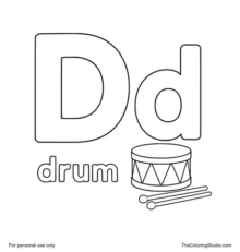 Large red uppercase D, smaller mint lowercase d, the word drum, and a simple colorful drum with two drumsticks on white.