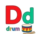 Large red uppercase D, smaller mint lowercase d, the word drum, and a simple colorful drum with two drumsticks on white.