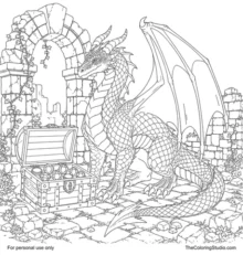 Winged medieval dragon curled beside an open jeweled treasure chest among broken castle stones.