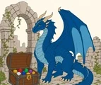 Winged medieval dragon curled beside an open jeweled treasure chest among broken castle stones.