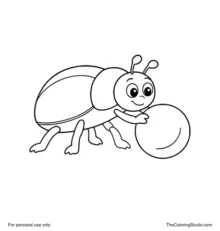 Simple cartoon dung beetle with six sturdy legs and short antennae gently pushing one round brown ball.