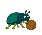 Simple cartoon dung beetle with six sturdy legs and short antennae gently pushing one round brown ball.