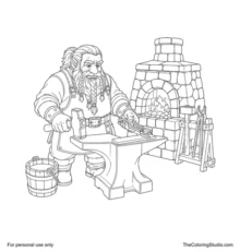 Dwarf blacksmith holding hammer and tongs beside an anvil and compact stone forge.