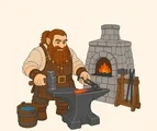 Dwarf blacksmith holding hammer and tongs beside an anvil and compact stone forge.