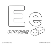 Large violet uppercase E, smaller aqua lowercase e, the word eraser, and a simple rectangular school eraser on white.