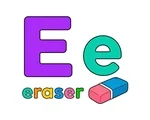 Large violet uppercase E, smaller aqua lowercase e, the word eraser, and a simple rectangular school eraser on white.