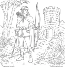 Elven archer with pointed ears, longbow, cloak, and quiver standing beside a small stone woodland watchtower.