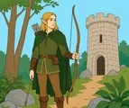 Elven archer with pointed ears, longbow, cloak, and quiver standing beside a small stone woodland watchtower.