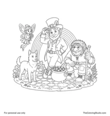 European folklore group with a leprechaun, fairy, troll and black dog beside a rainbow and stone path.