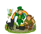 European folklore group with a leprechaun, fairy, troll and black dog beside a rainbow and stone path.