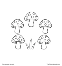 Fairy ring made of five large mushrooms arranged in a circle with three broad grass blades.