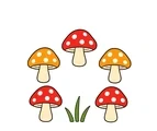 Fairy ring made of five large mushrooms arranged in a circle with three broad grass blades.