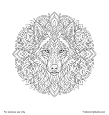 Front-facing wolf mandala with upright ears, alert eyes, a long muzzle, layered cheek fur, and radial ornaments.