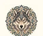 Front-facing wolf mandala with upright ears, alert eyes, a long muzzle, layered cheek fur, and radial ornaments.