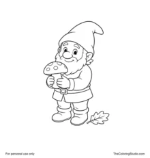Forest dwarf with a red pointed hat holding a large mushroom beside one fallen leaf.