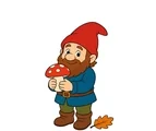 Forest dwarf with a red pointed hat holding a large mushroom beside one fallen leaf.
