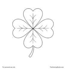 Four-leaf clover with four broad heart-shaped green leaves joined at the center and one curved stem on white.