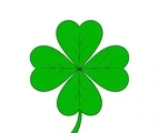 Four-leaf clover with four broad heart-shaped green leaves joined at the center and one curved stem on white.