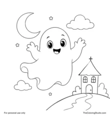 Friendly cartoon ghost floating under a crescent moon with two clouds and a tiny haunted house in the background.