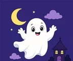 Friendly cartoon ghost floating under a crescent moon with two clouds and a tiny haunted house in the background.