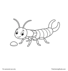 Friendly cartoon earwig with six short legs, curved antennae, and rounded rear forceps beside a small pebble.