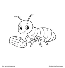 Friendly cartoon termite with six short legs and curved antennae standing beside a small piece of wood.