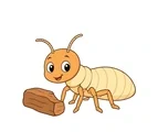 Friendly cartoon termite with six short legs and curved antennae standing beside a small piece of wood.