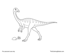 Friendly Gallimimus walking with a small beaked head, long neck, short arms, strong hind legs, and a long tail.