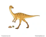 Friendly Gallimimus walking with a small beaked head, long neck, short arms, strong hind legs, and a long tail.