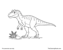 Friendly Allosaurus walking with small brow ridges, short three-fingered arms, strong hind legs, and a long tail.