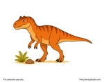 Friendly Allosaurus walking with small brow ridges, short three-fingered arms, strong hind legs, and a long tail.