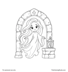 Friendly cartoon banshee with flowing pale hair floating before a Gothic stone arch beside a small lantern.
