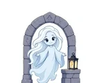Friendly cartoon banshee with flowing pale hair floating before a Gothic stone arch beside a small lantern.