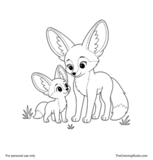 Fennec fox cub looking up at its mother, with large ears, fluffy tails, and small desert grass tufts.