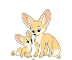 Fennec fox cub looking up at its mother, with large ears, fluffy tails, and small desert grass tufts.