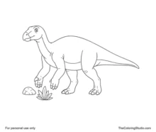 Friendly Iguanodon walking with a beak-like mouth, visible thumb spikes, sturdy legs, long tail, one rock, and simple leaves.