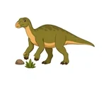 Friendly Iguanodon walking with a beak-like mouth, visible thumb spikes, sturdy legs, long tail, one rock, and simple leaves.