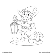 Friendly goblin in a pointed cap holding a large lantern beside one mushroom and two rounded stones.