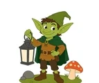 Friendly goblin in a pointed cap holding a large lantern beside one mushroom and two rounded stones.