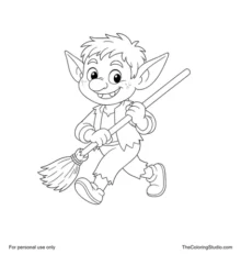 Friendly Halloween goblin walking with a broom, pointed ears, colorful clothes, and rounded shoes on a white background.
