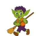 Friendly Halloween goblin walking with a broom, pointed ears, colorful clothes, and rounded shoes on a white background.